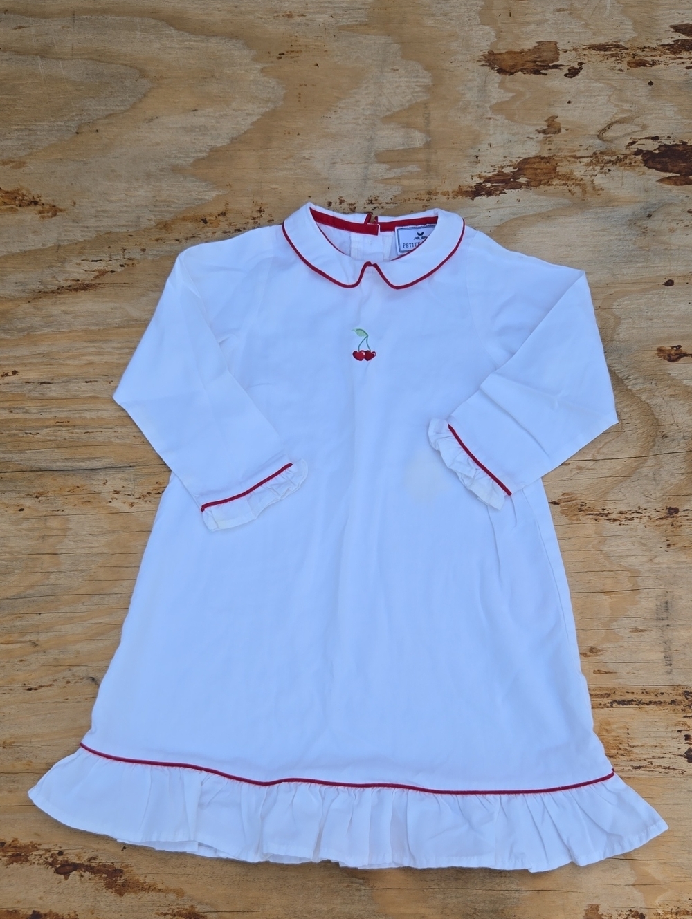 Petite Plune White Cherry-Embroidered Kids Nightgown with Red Trim